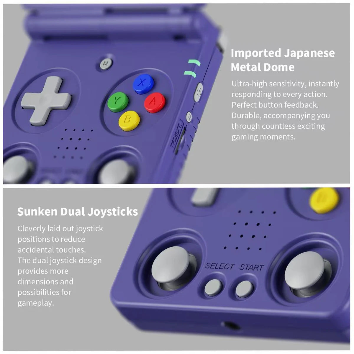 Purple gaming controller with color buttons and joystick details on a gray background