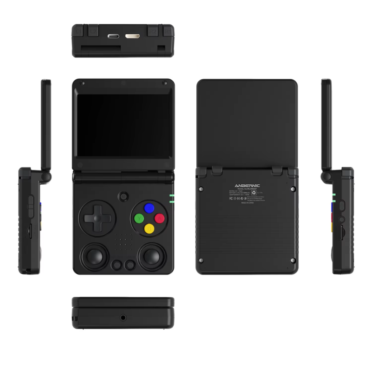 Black handheld gaming device with various components on a white background