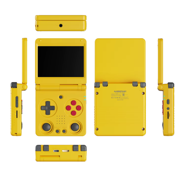 Yellow handheld gaming console with screen, buttons, and antennas on a white background