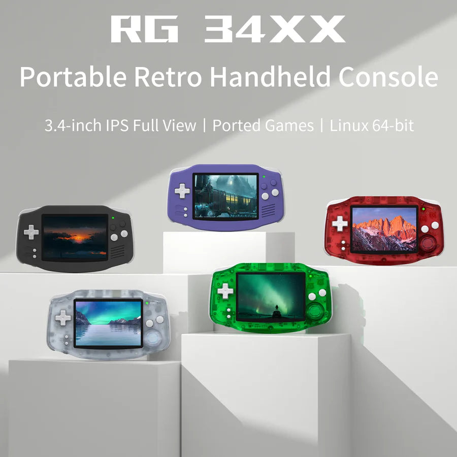 Portable retro handheld console with colorful display on a gray background