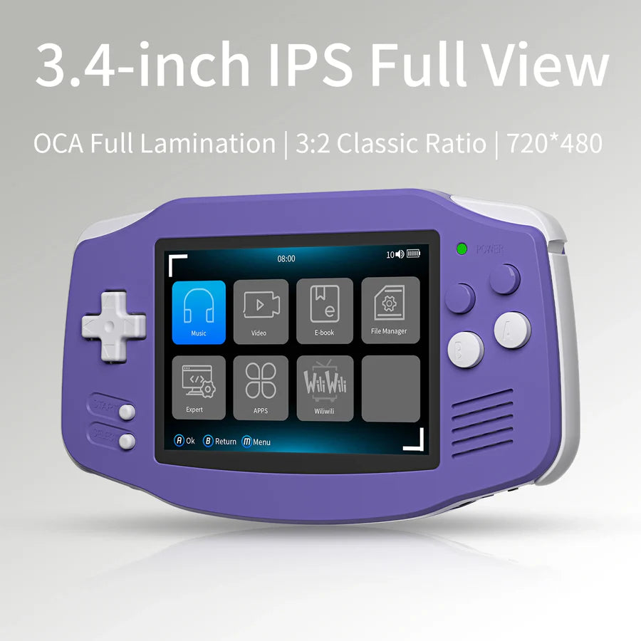 Purple handheld device with a screen displaying icons on a gray background