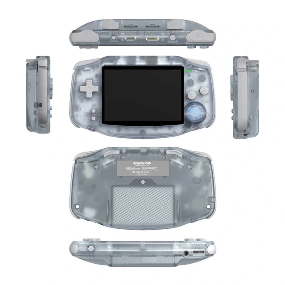 Clear handheld gaming console with multiple views on a white background