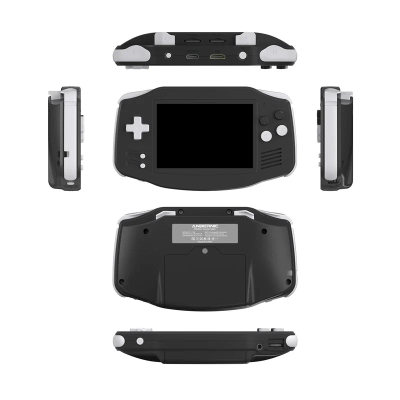 Black handheld gaming console with multiple views on a white background