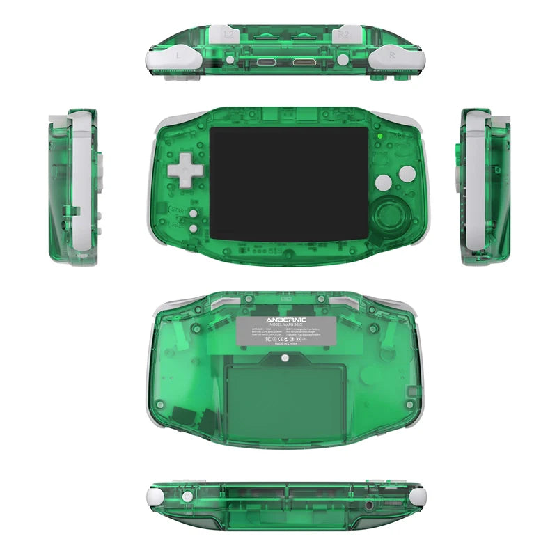 Green handheld gaming console with multiple views on a white background
