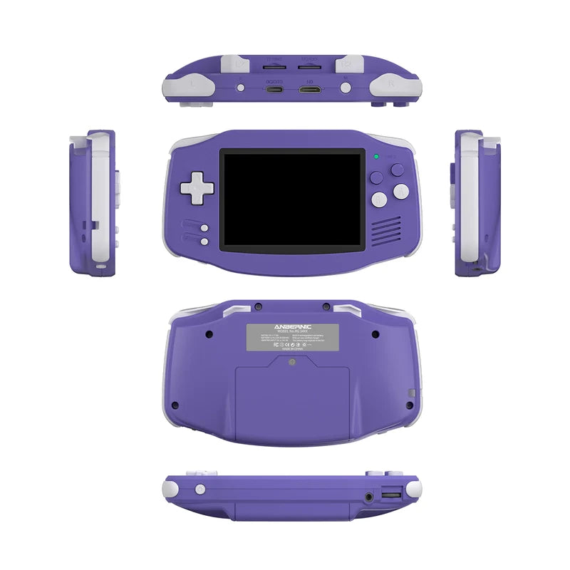 Purple handheld gaming console with multiple views on a white background