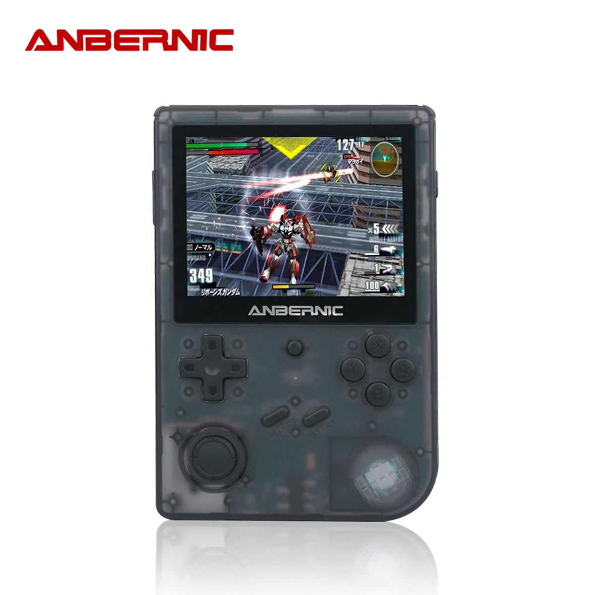 Handheld gaming console with transparent casing displaying a game, branded 'Anbernic'.