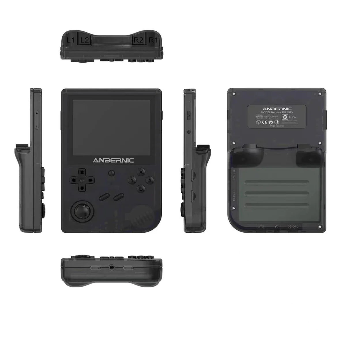 Black handheld gaming console with various components on a white background