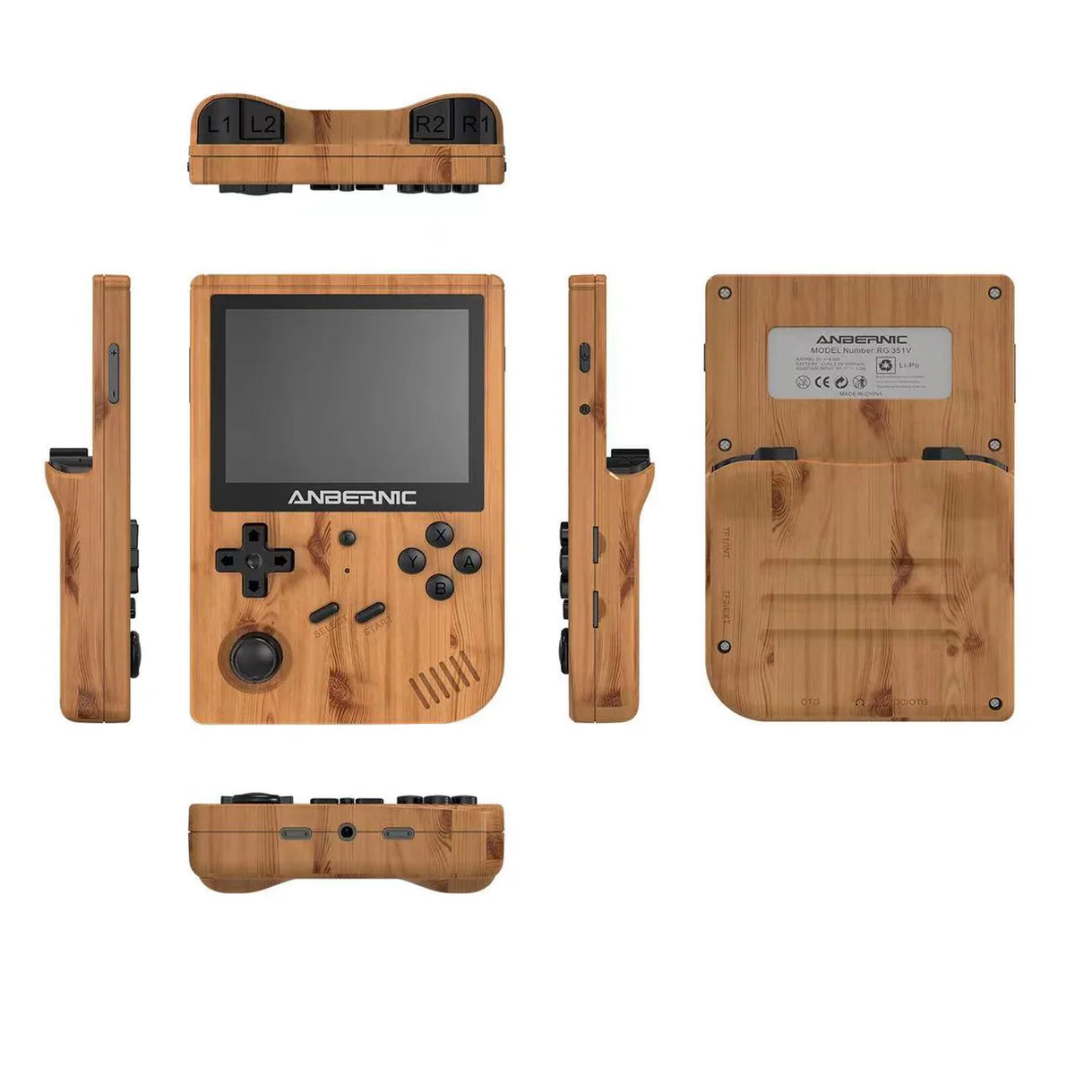 Wooden handheld gaming console with multiple views on a white background