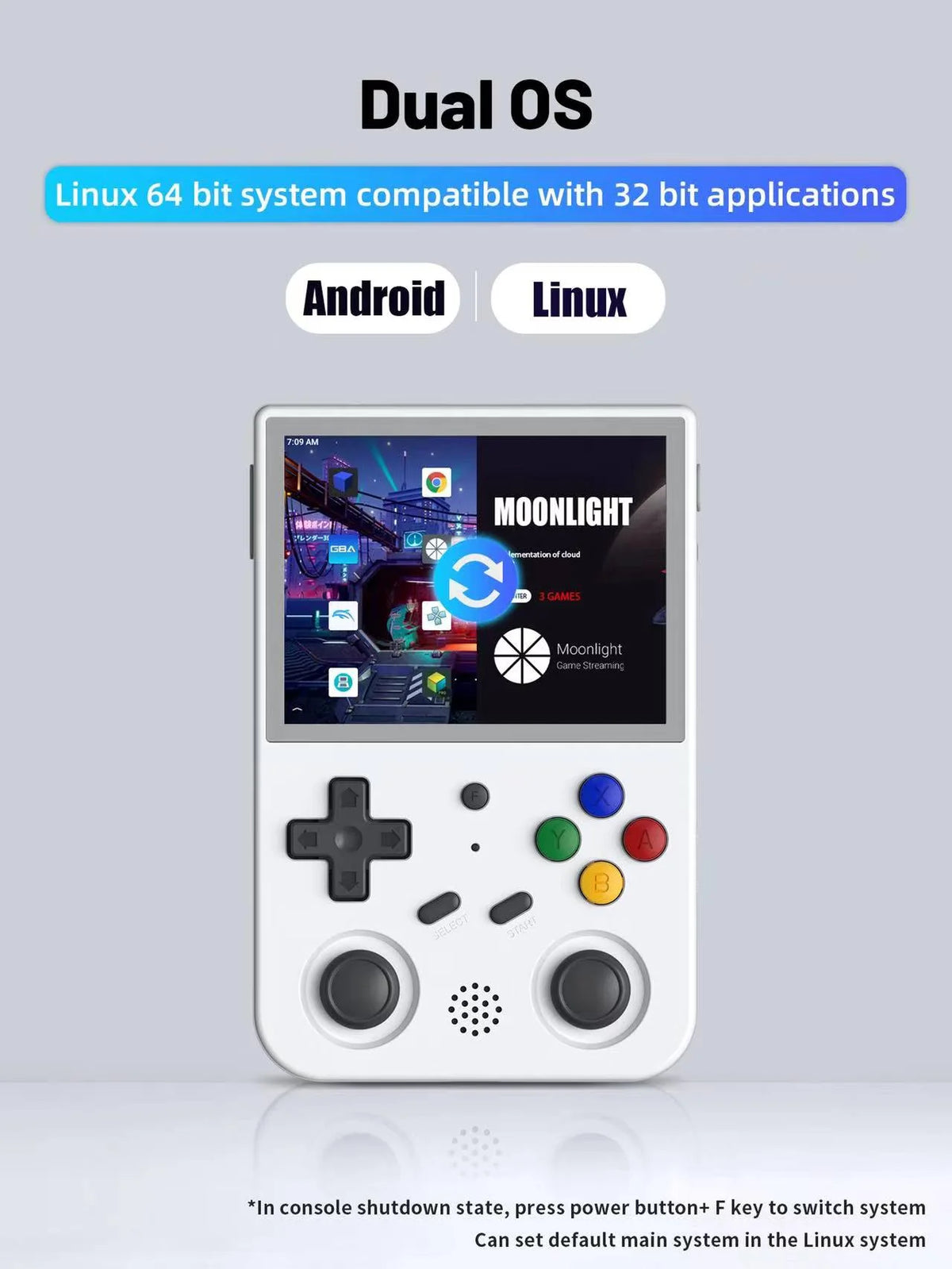 Handheld device with dual OS compatibility on a light gray background