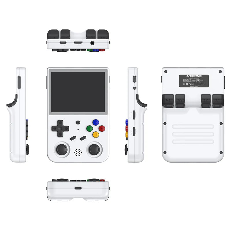 White handheld gaming console with multiple views on a white background