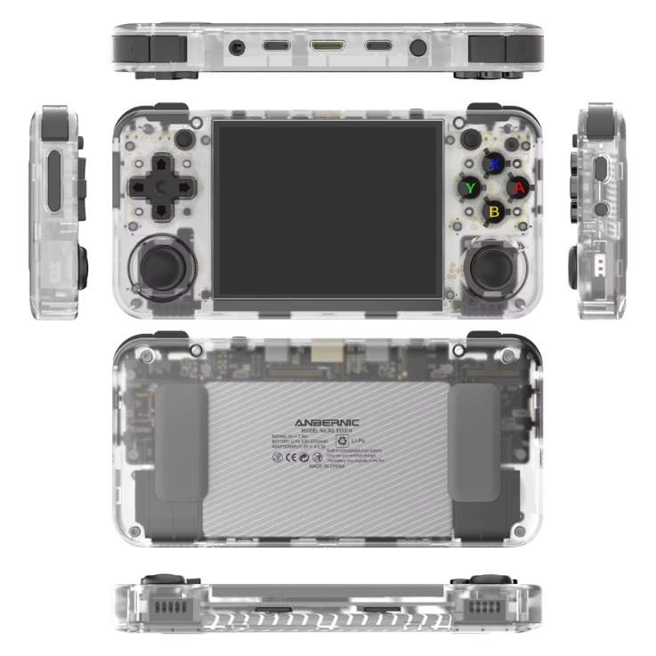 Top-down view of a transparent gaming device with buttons and screen