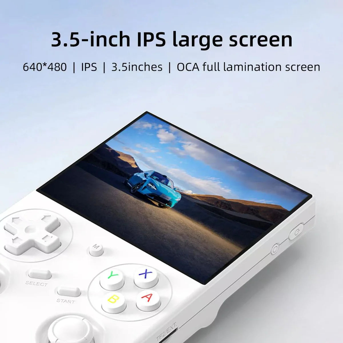 Handheld gaming console with a 3.5-inch IPS screen displaying a car on a screen.
