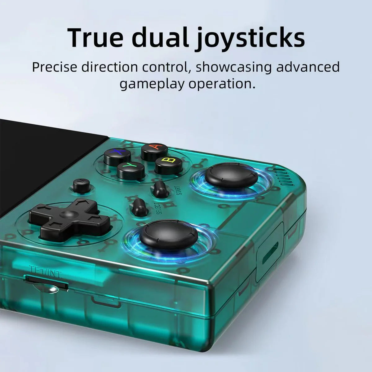 Teal gaming controller with dual joysticks on a light gray background
