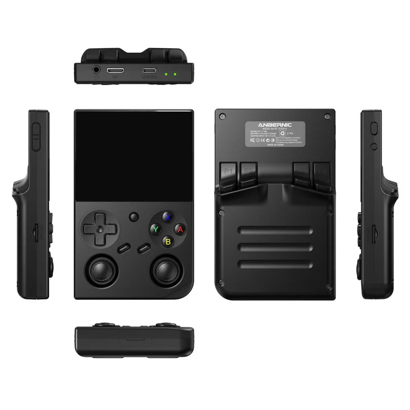 Black handheld gaming console with multiple views on a white background