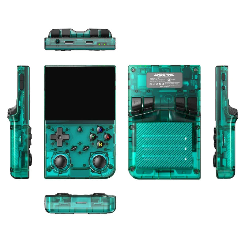 Teal handheld gaming console with multiple views on a white background