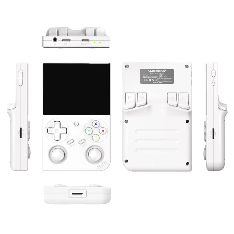 White handheld gaming console with multiple views on a white background