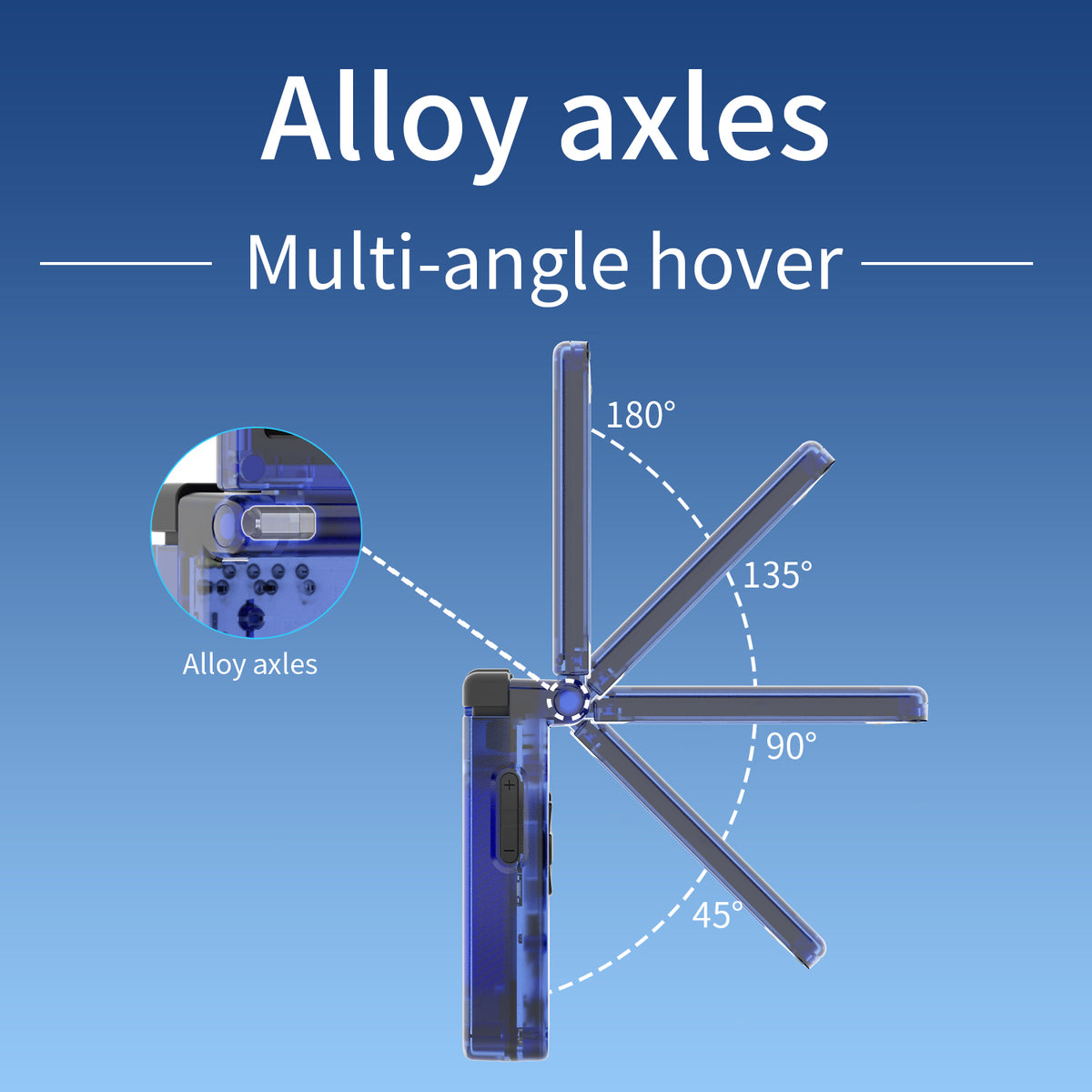 Diagram of alloy axles with multi-angle hover capabilities on a blue background