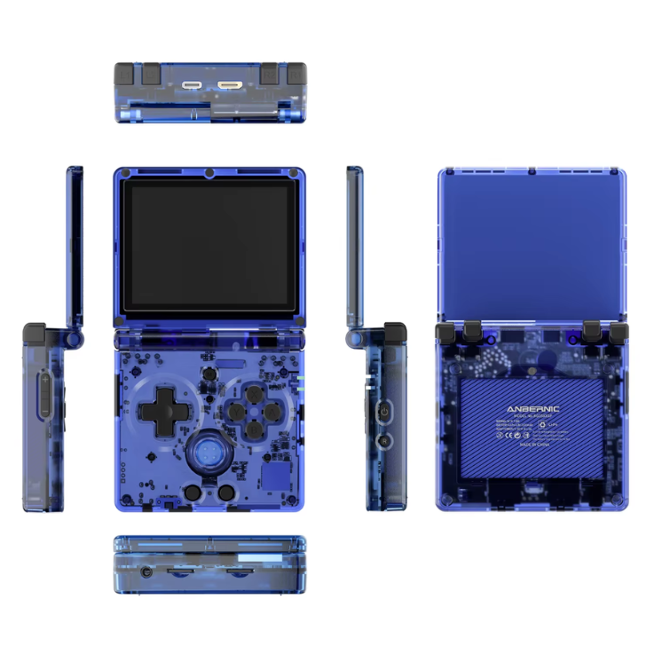 Blue handheld gaming console with multiple views on a white background
