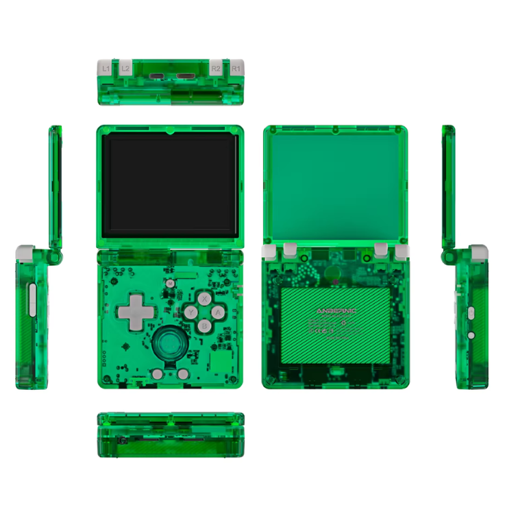 Green transparent handheld gaming console with multiple views on a white background