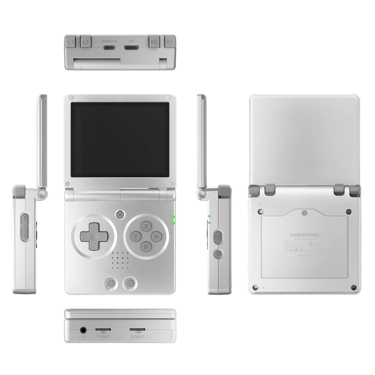 Silver Game Boy Advance SP with multiple views on a white background