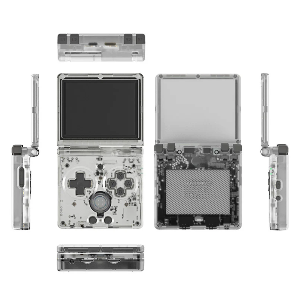 Disassembled electronic device with various components on a white background