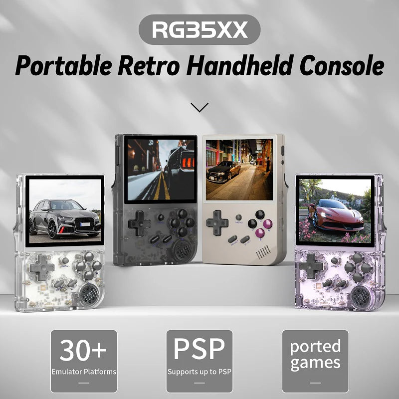 Portable retro handheld console with multiple screens displaying different images on a gray background.
