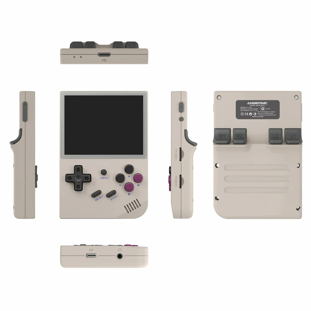 Handheld gaming console with multiple views on a white background