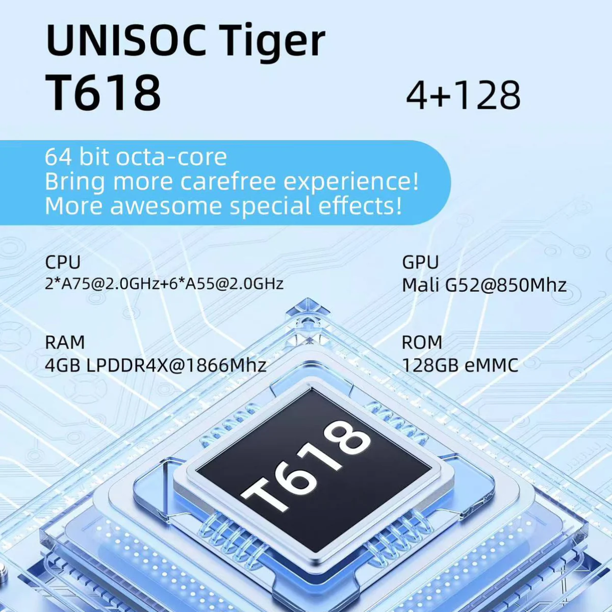 UNISOC Tiger T618 processor with specifications on a blue background