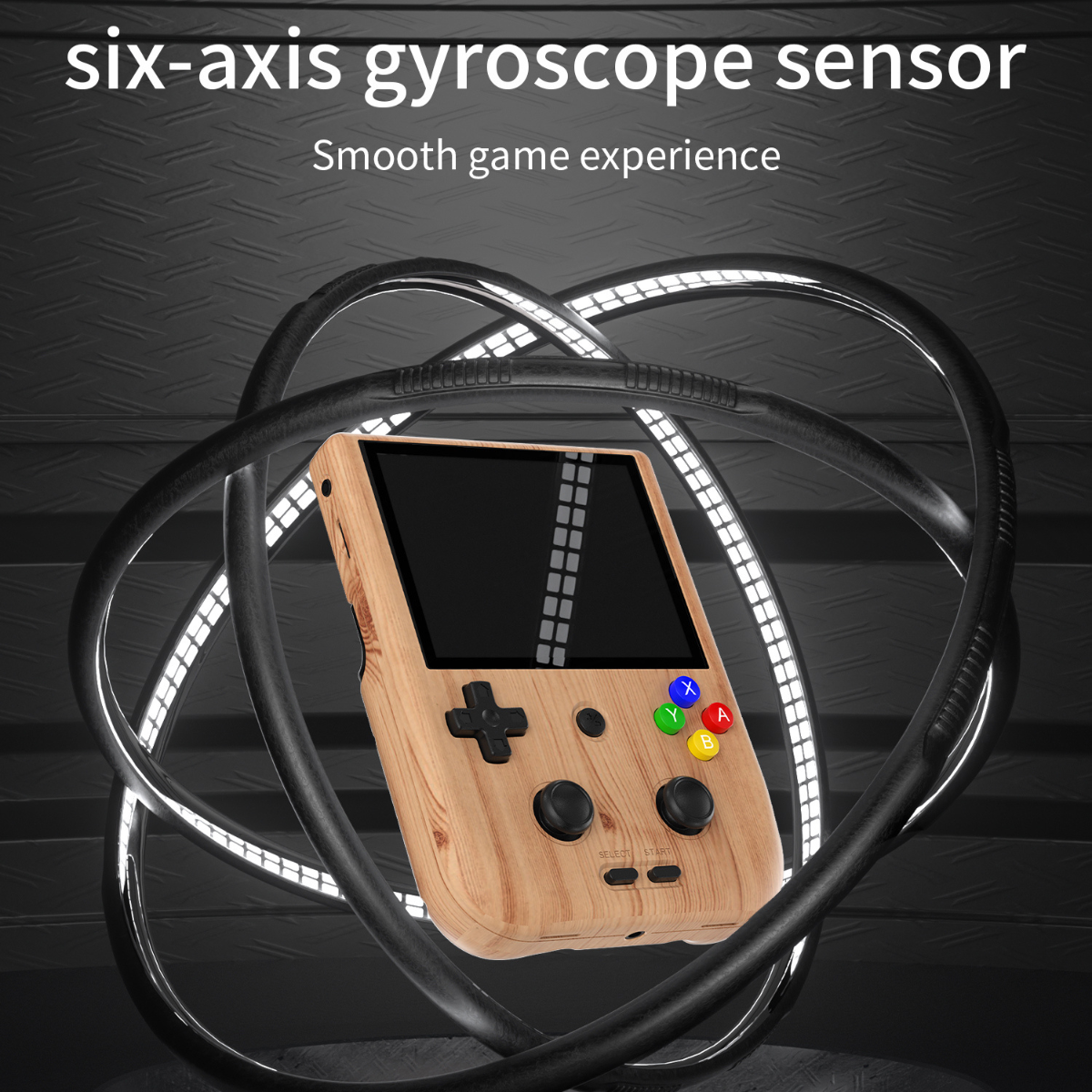 Wooden handheld gaming console with six-axis gyroscope sensor on a dark background