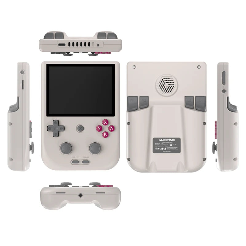 White handheld gaming console with multiple views on a white background