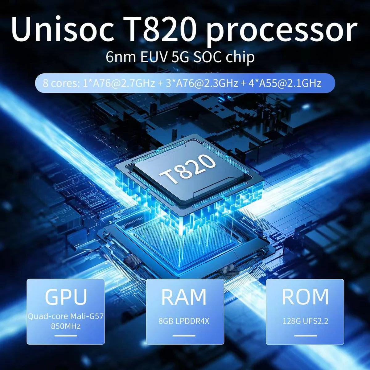 Unisoc T820 processor with technical specifications on a dark background