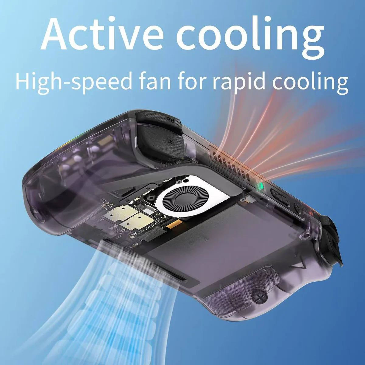 Handheld console case with active cooling feature and high-speed fan on a blue background