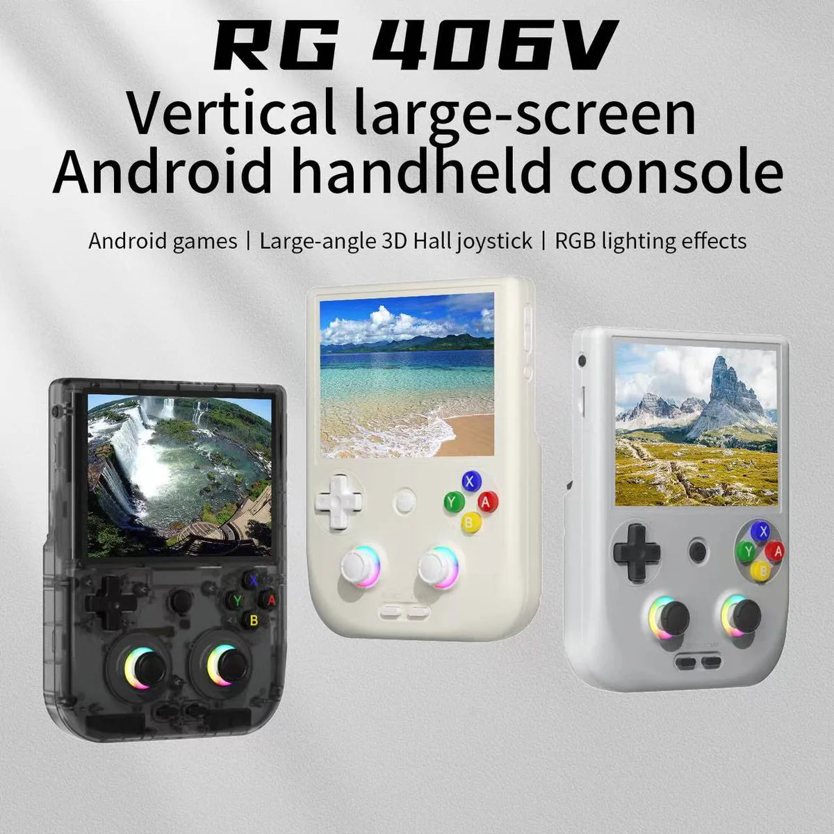 Handheld console with screens displaying scenic images on a gray background
