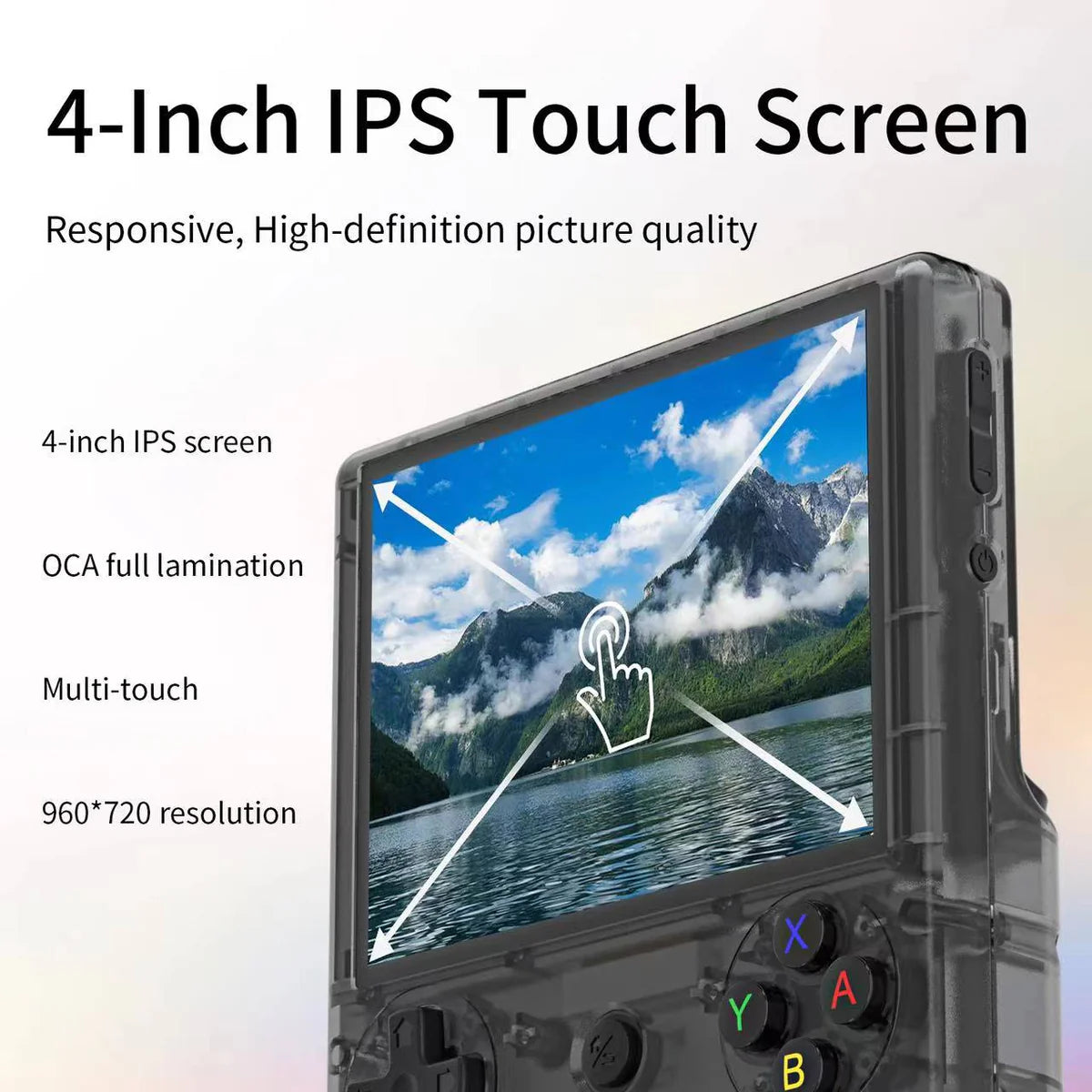 4-inch IPS touch screen with mountain and lake display on a gaming console.