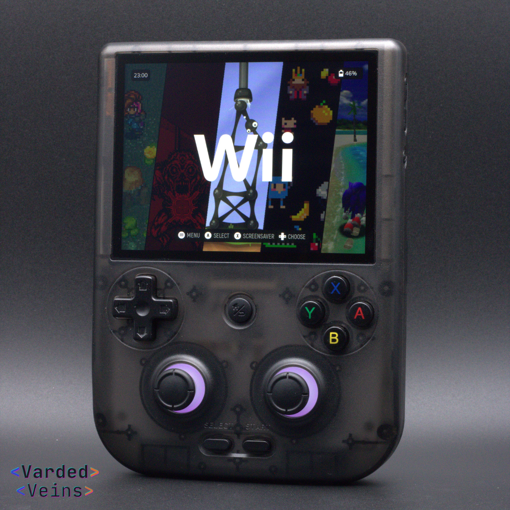 Handheld gaming console with a screen displaying a game, on a dark background.