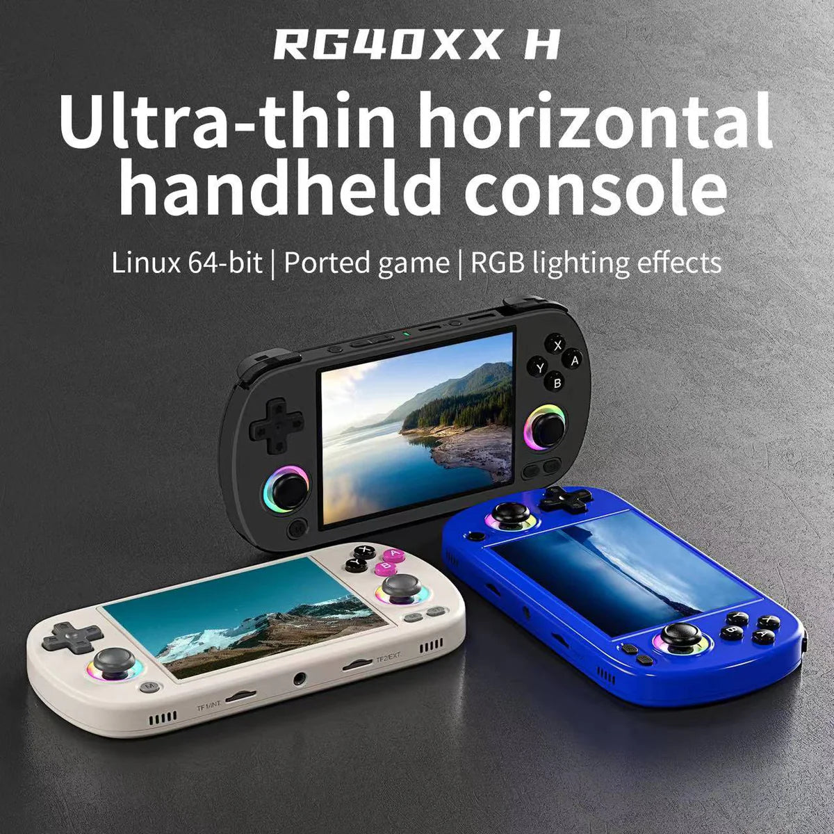 Ultra-thin horizontal handheld console with RGB lighting effects on a dark background
