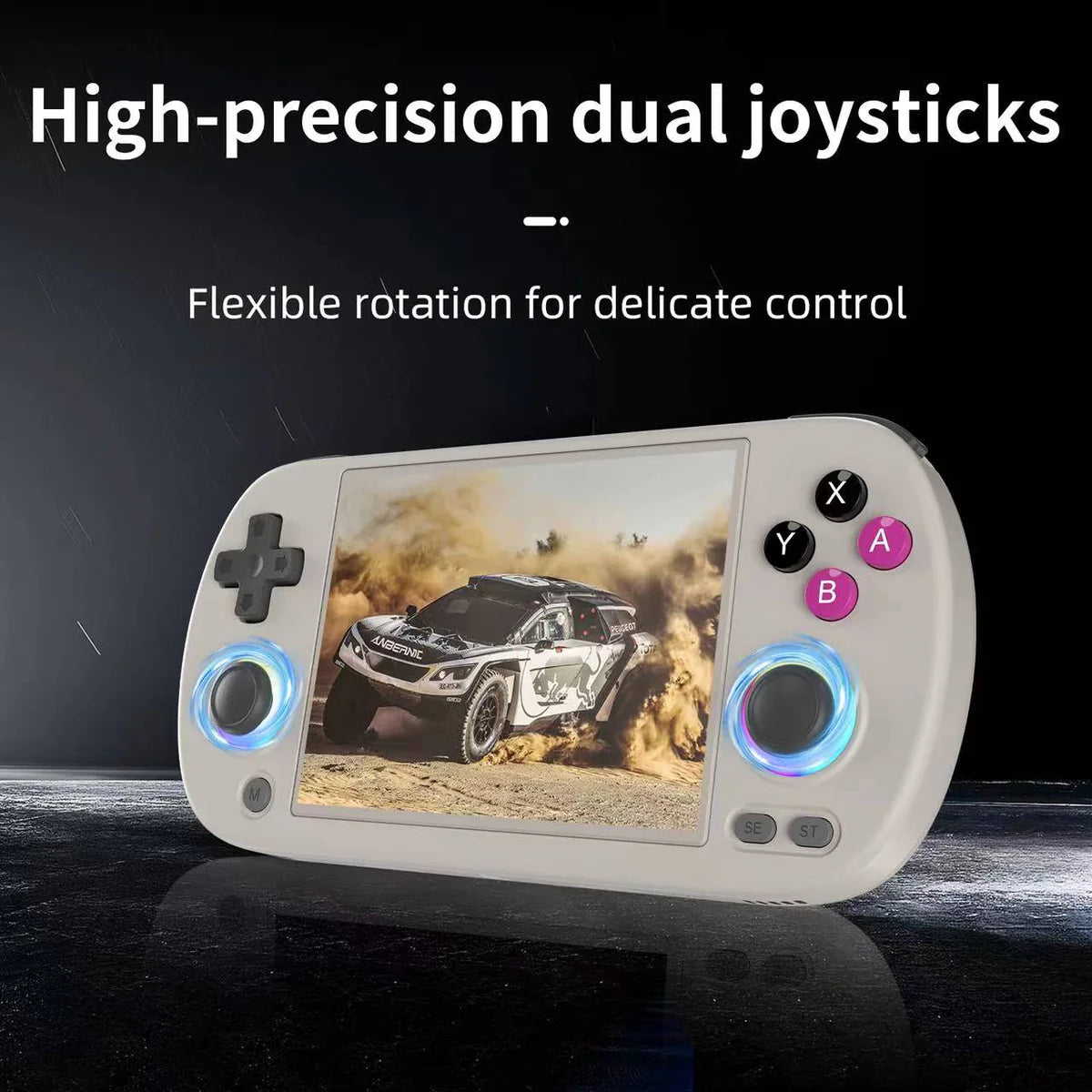 Handheld gaming console with high-precision dual joysticks on a dark background