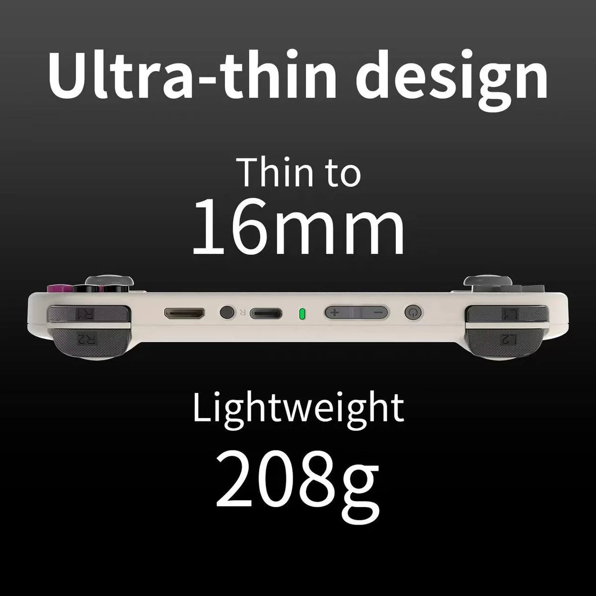 Gaming controller with text highlighting ultra-thin design and lightweight weight on a black background
