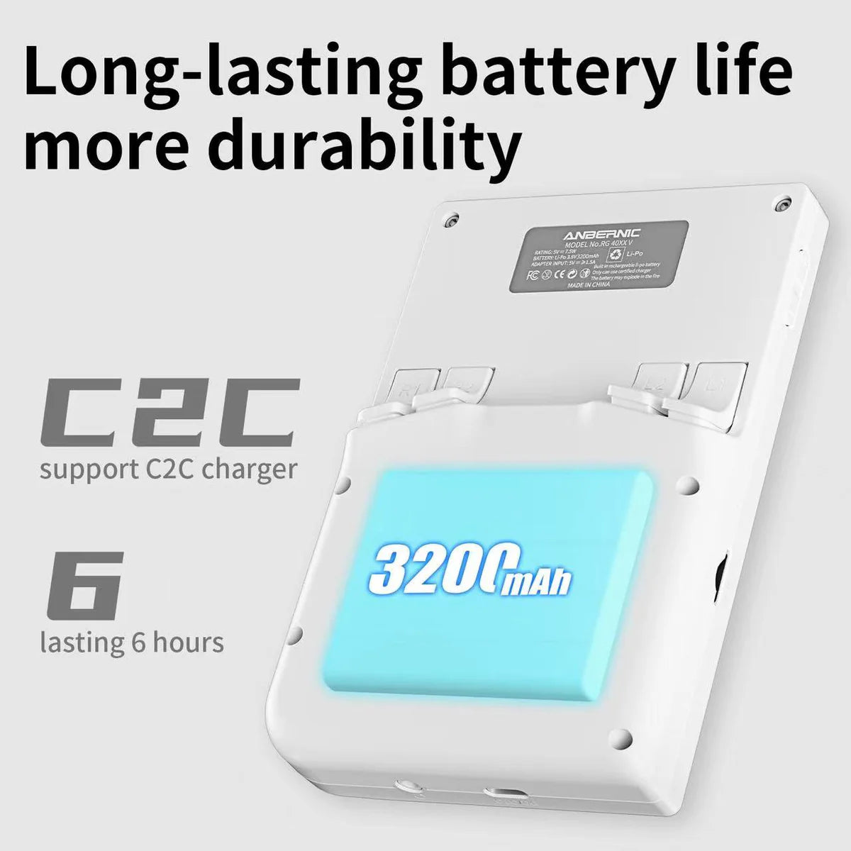Battery pack with '3200mAh' label and text about long-lasting battery life on a white background