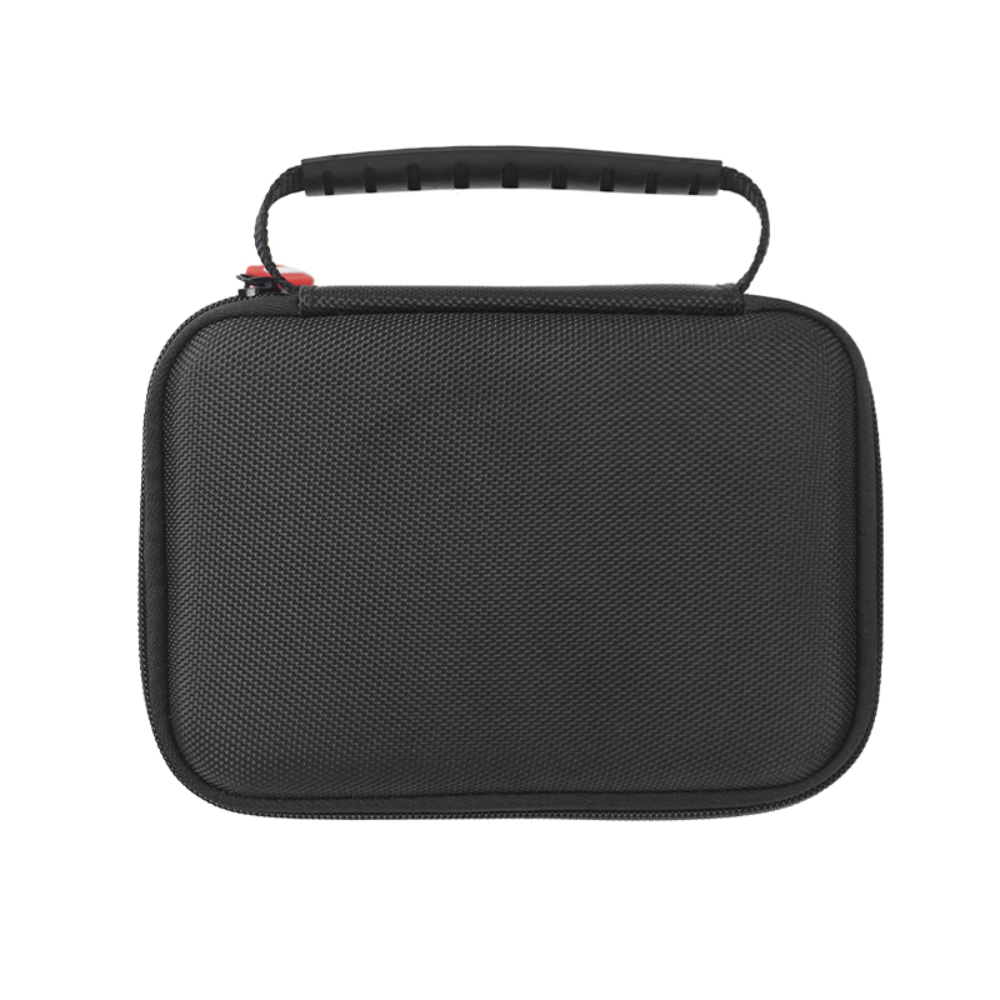 Black carrying case with handle on a white background