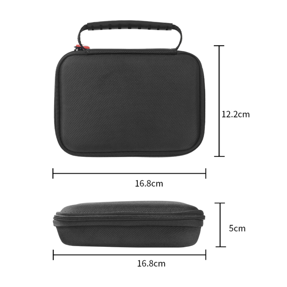 Black carrying case with dimensions on a white background