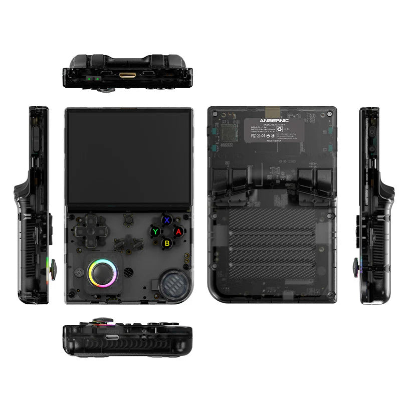 Top-down view of a handheld gaming console with multiple angles displayed.