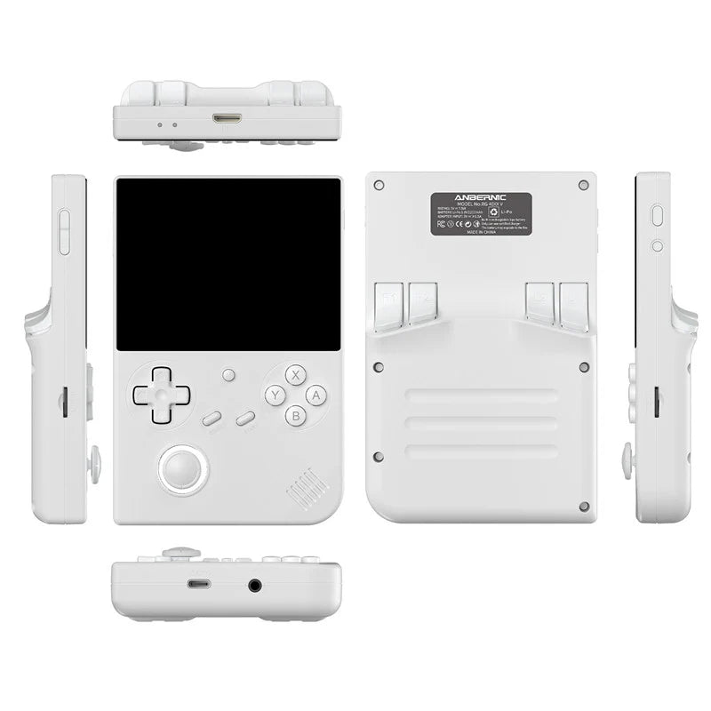 White handheld gaming console with multiple views on a white background