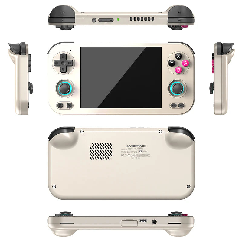 Portable gaming console with multiple views on a white background