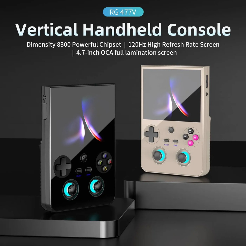 Two vertical handheld consoles on a black background with text detailing features.