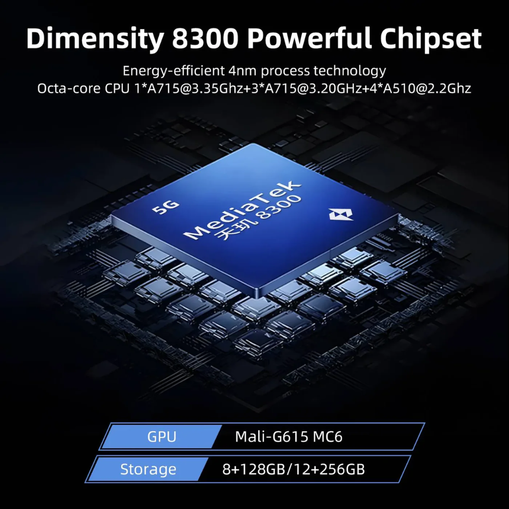 MediaTek Dimensity 8300 chipset on a dark background with technical specifications.