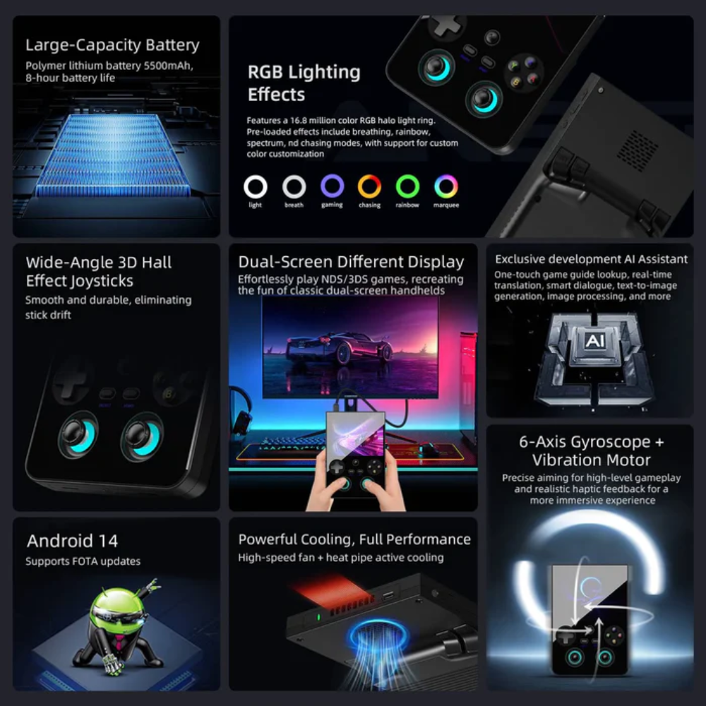 Collage of gaming device features with text and images on a dark background