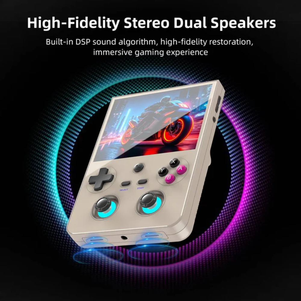 Handheld gaming console with high-fidelity stereo dual speakers on a dark background