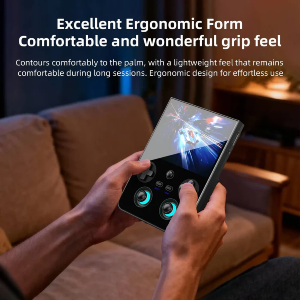 Person holding a gaming controller with text about ergonomic design and comfort