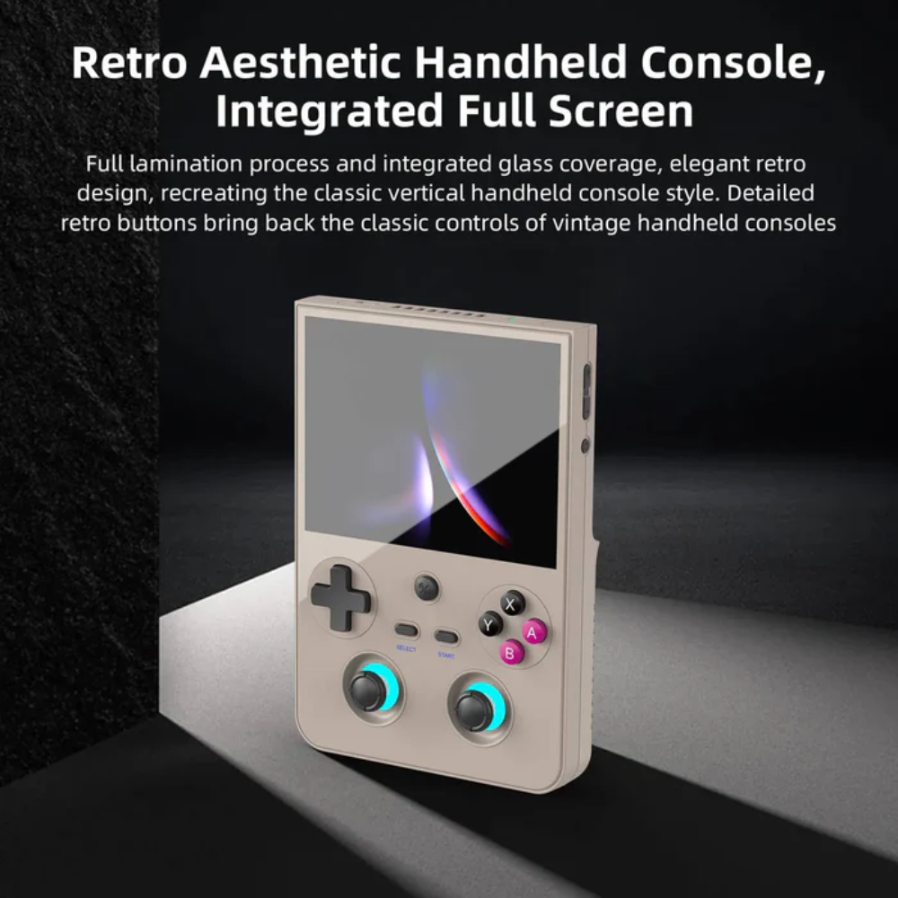 Retro aesthetic handheld console with integrated full screen on a dark background